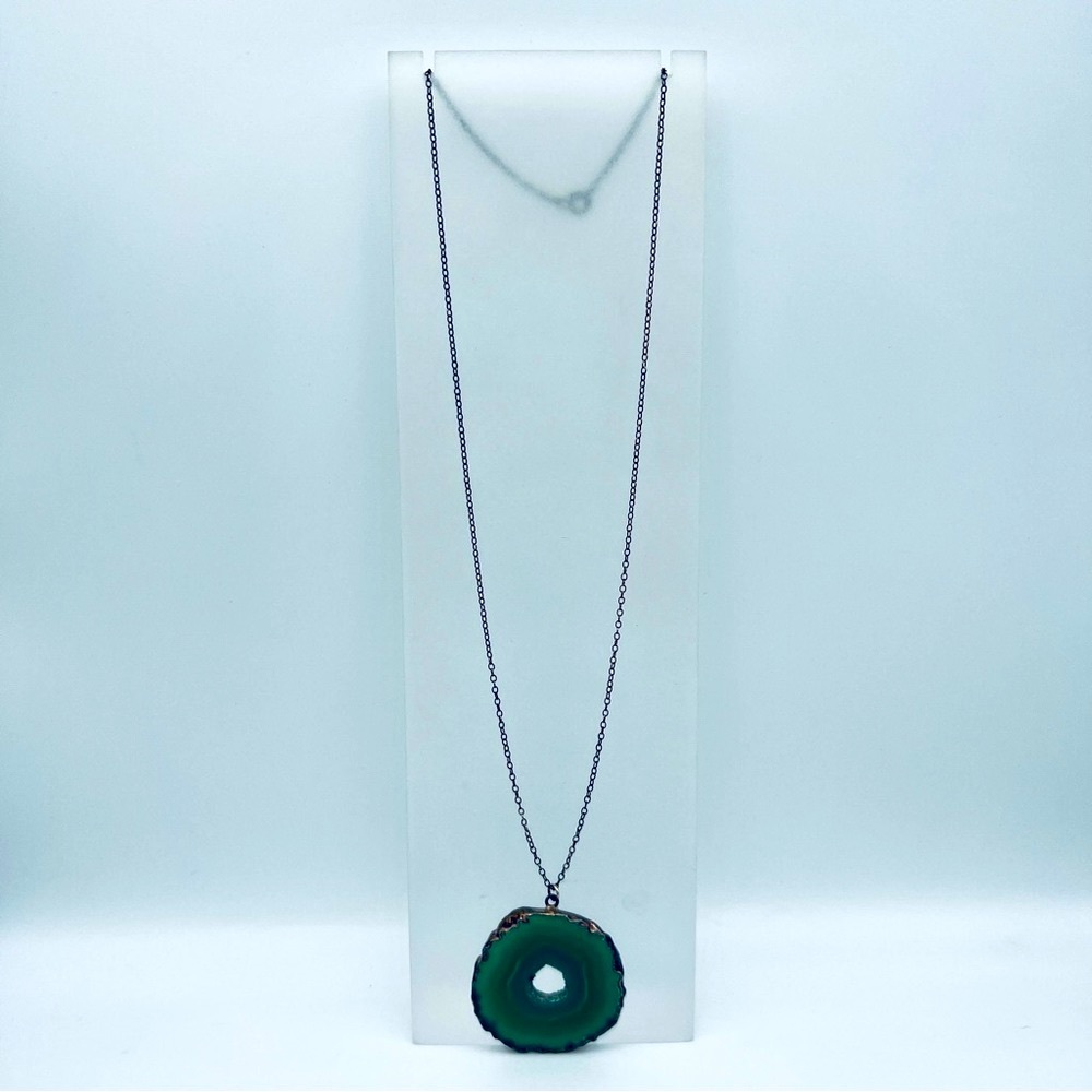 Green Agate Slice Druzy Pendant Necklace with Serling Silver Chain